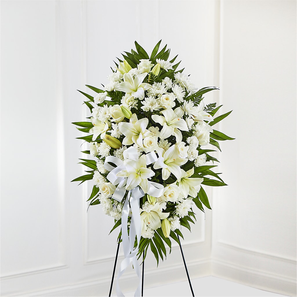 Exquisite Tribute Standing Spray-White Ribbon – Overnightflowerdelivery.com, Tontitown AR